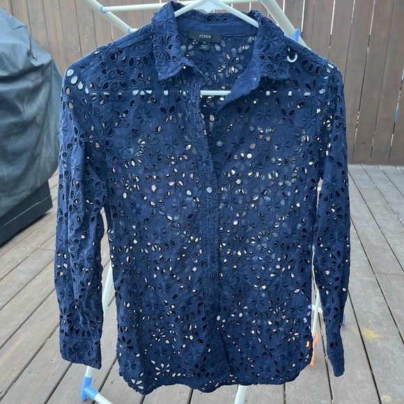 J. Crew Navy Floral Eyelet Embroidered Cotton Blouse - Picture 2 of 14